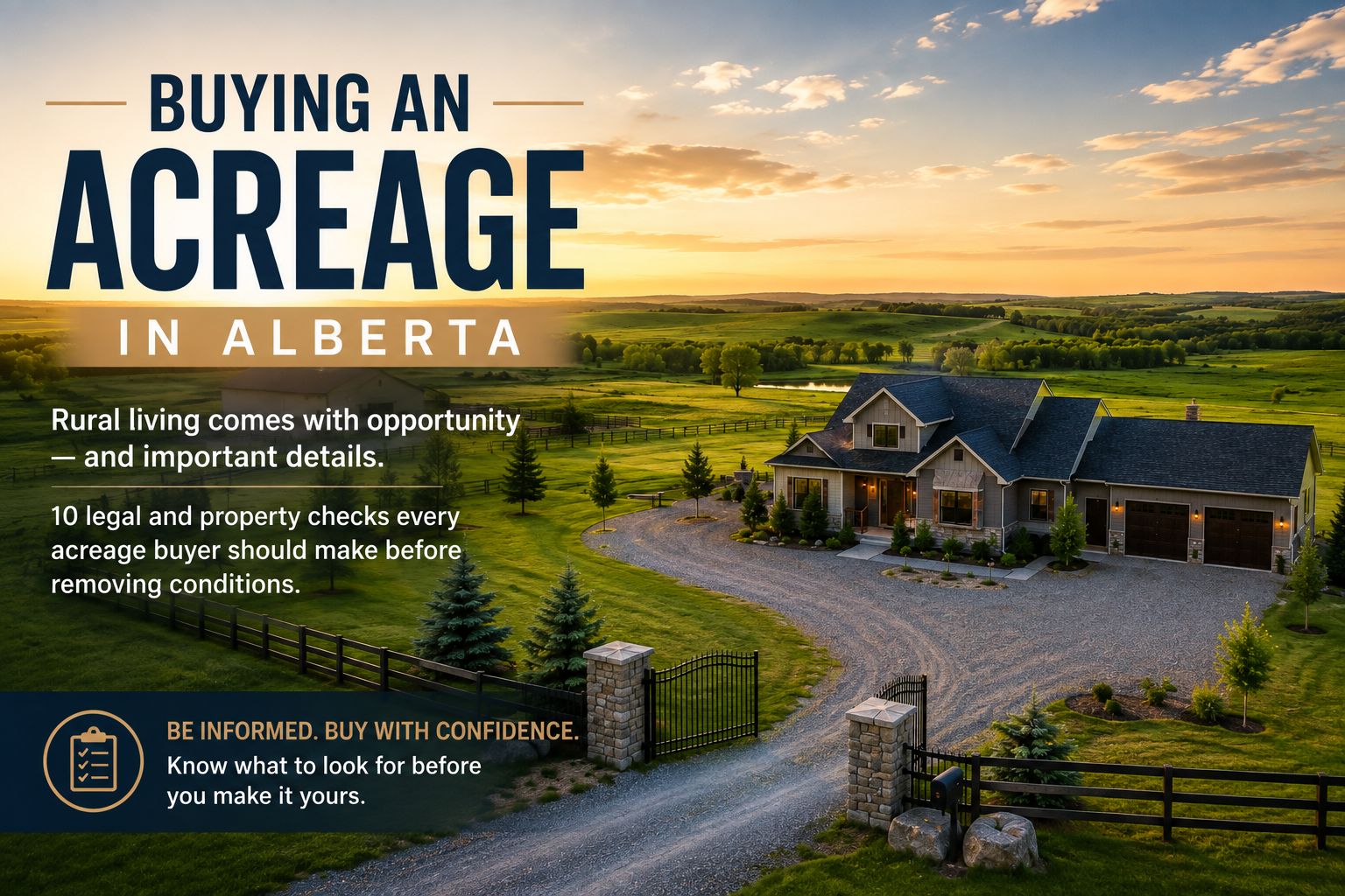 Aerial view of a modern Alberta acreage with a rural home, barn, fenced land, private driveway, pond, and surrounding countryside at sunset.