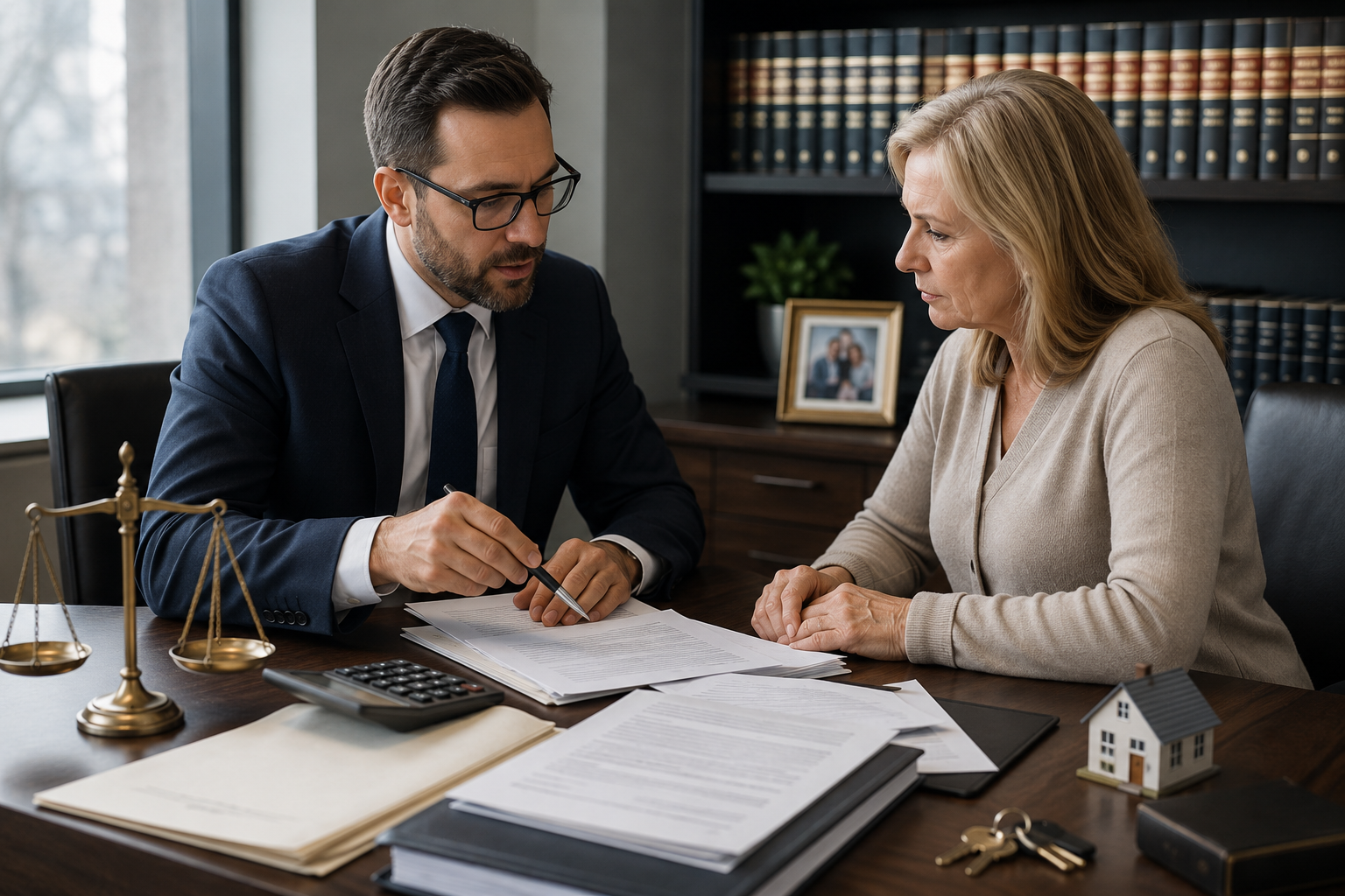 Lawyer reviewing estate administration documents with a client during an executor compensation consultation in an Alberta law office.