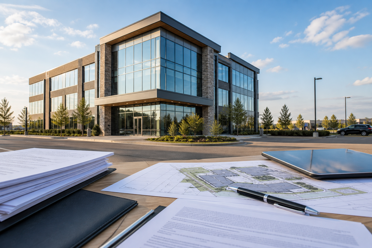 Modern commercial office building with legal documents, property plans, and due diligence paperwork for Commercial Property Due Diligence in Alberta.